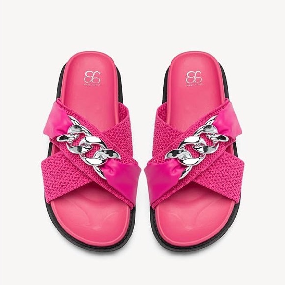 Hot Pink Slide Sandals with Chain Detail - Picture 1 of 5
